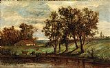 man with cows grazing near pond with house and trees in background by Edward Mitchell Bannister